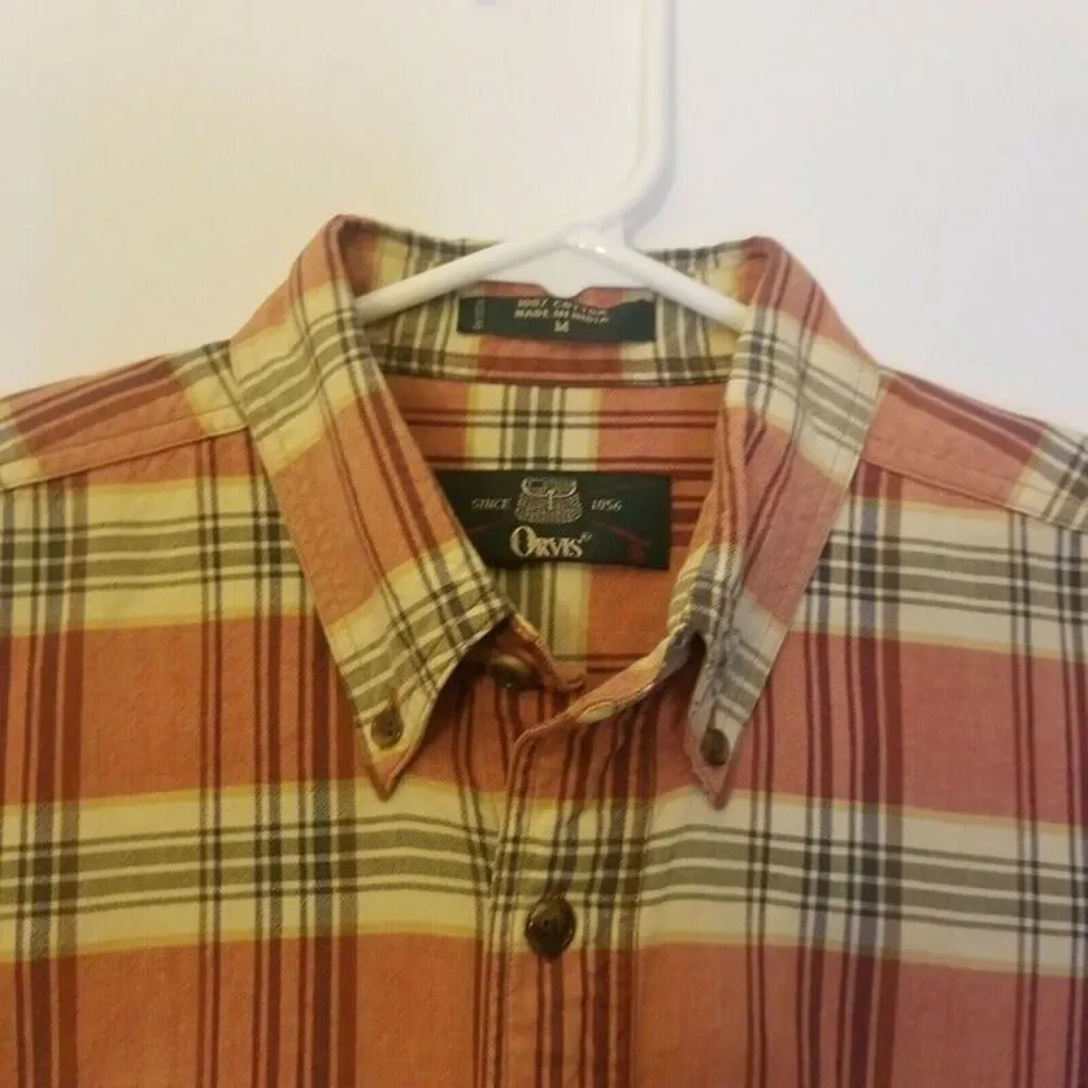 Orvis Mens MEDIUM Orange Tan Brown Plaid Button Down Short Sleeve Shirt - Picture 2 of 2
